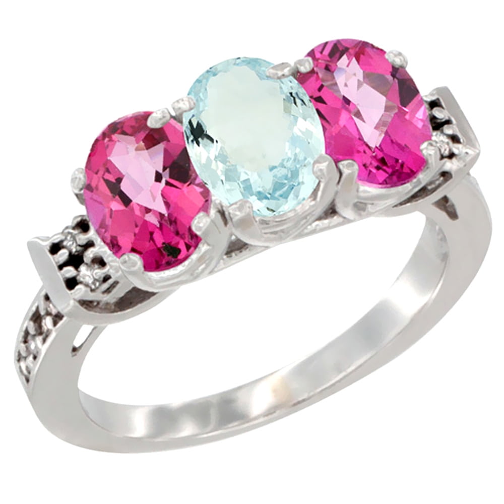10K White Gold Natural Aquamarine & Pink Topaz Sides Ring 3-Stone Oval 7x5 mm Diamond Accent, sizes 5 10 by WorldJewels