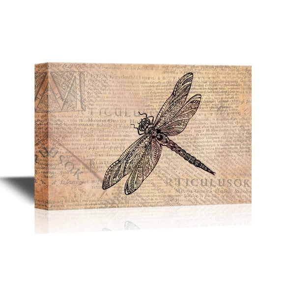 wall26 - Insects Artwork Series Canvas Wall Art - A Dragonfly on Vintage Newspaper Background - Gallery Wrap Modern Home Art | Ready to Hang - 24x36 inches
