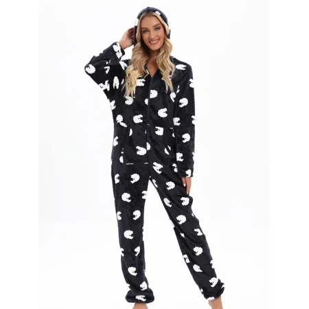 

Cute & Thermal Cartoon Pattern Sleepwear Flannel Fuzzy Hoodie Zip Up Pajamas Jumpsuirt Women‘s Sleepwear & Loungewear