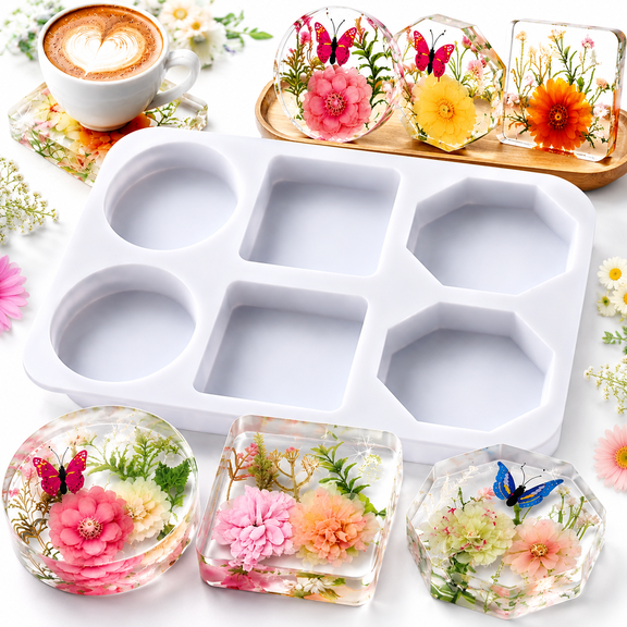 Genreen Deep Coaster Resin Molds Silicone Octagon Round Square Silicone Molds for Resin Epoxy Resin Casting Craft Mold for Flower Preservation DIY Art
