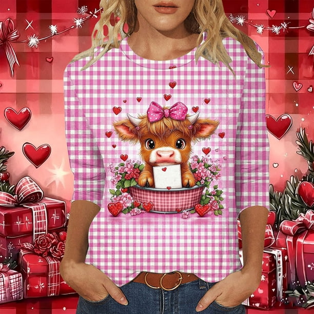 Xuyuer Valentine T Shirts Love Heart Printed Graphic Tee Tops Women's Casual 3/4 Sleeve T-Shirts Round Neck Cute Tunic Tops Basic Tees Blouses Business Work Tee Top Spring Shirts