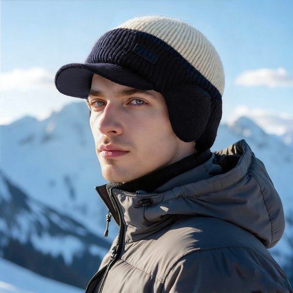 Beanie Hat with Brim Visor Cap Warm Winter Knit Hat for Men Women
