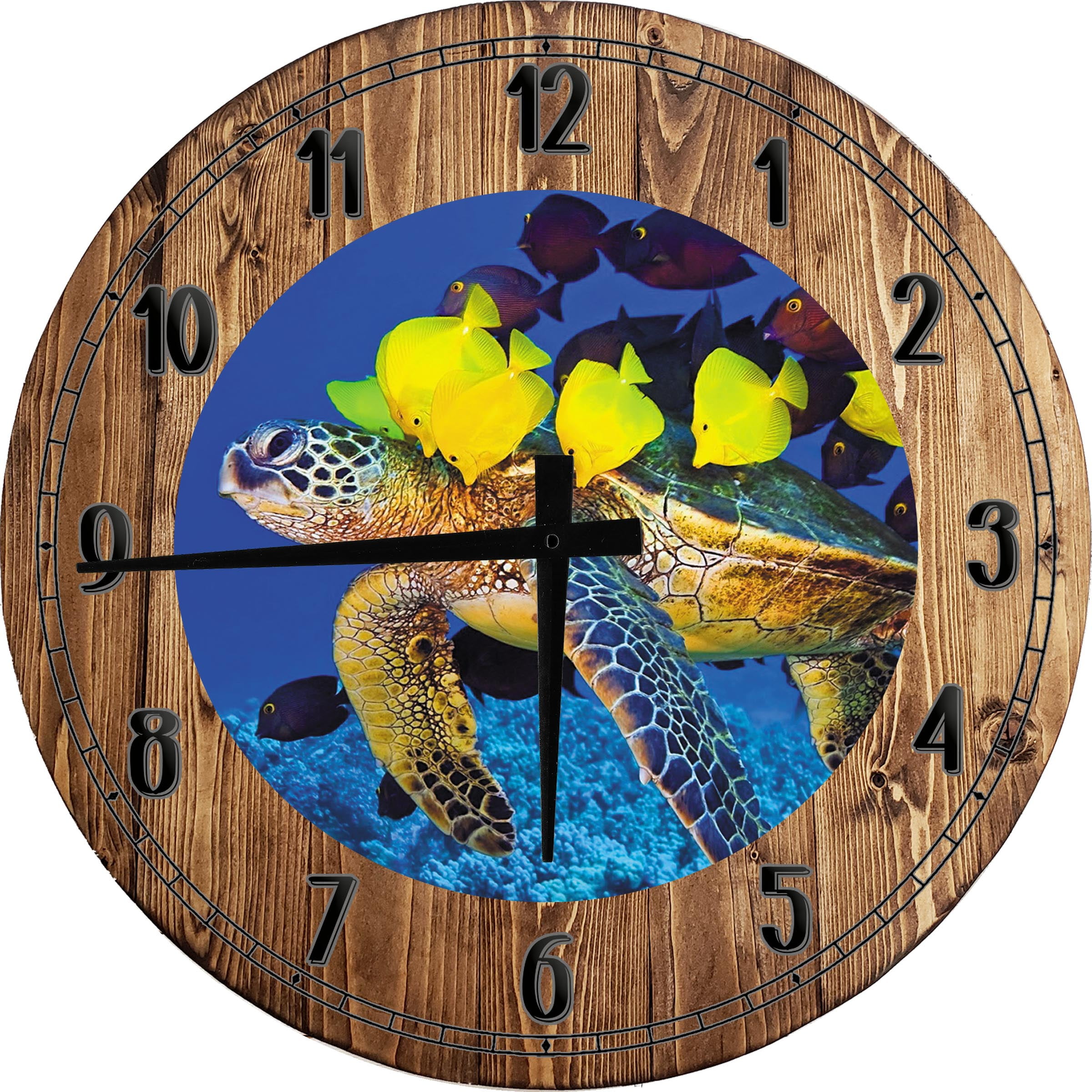 Wood Wall Clock 12 Inch Turtle Wall Art Sea Turtle with School of