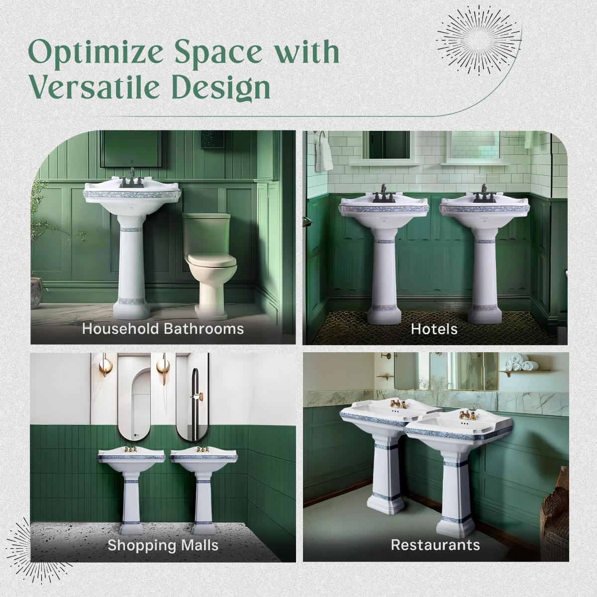 India Reserve Bathroom Pedestal Sink Blue and Gold Accent Porcelain Washbasin w/Overflow & Centerset Faucet Holes| Renovators Supply