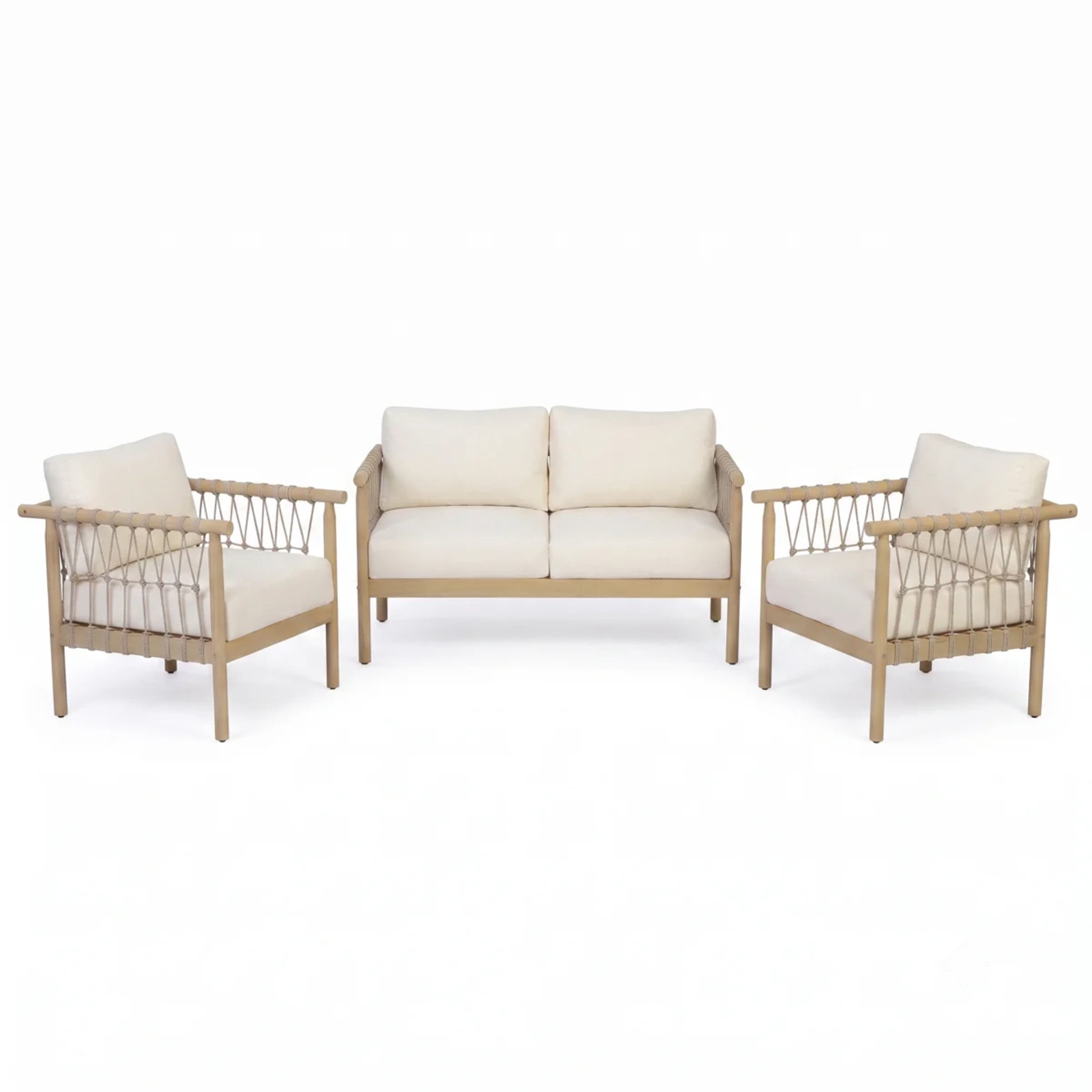 Christopher Knight Home 3-Piece Wood Outdoor Sofa Set with Cushions, 4 Seats, Light Teak+Cream