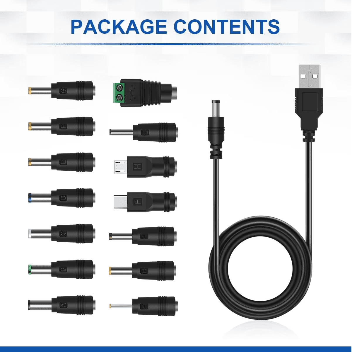 USB to DC Power Cable, DC 5V Power Cord 5.5 2.1mm Jack Charging Cable with 14 Interchangeable Plugs Addapters for 5V Devices