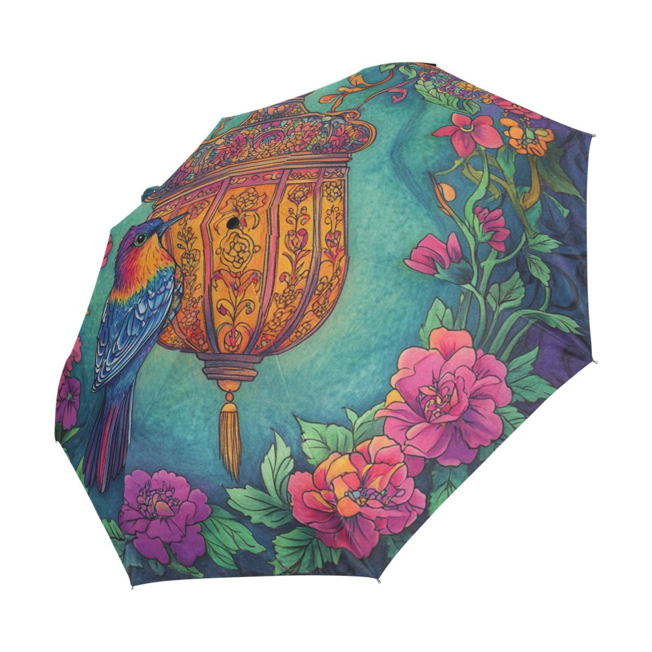 YAZAOO One-Touch Auto Open Close Rain Umbrella With Creative Floral Lantern Bird Art Pattern