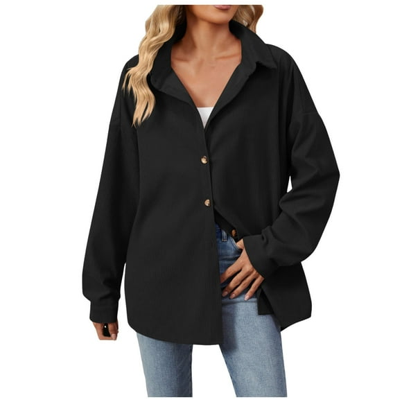 Bmisegm Women's Corduroy Shirt Long Sleeve Button Down Shacket Jacket Casual Oversized Top Coat Jackets for Women Black XXL