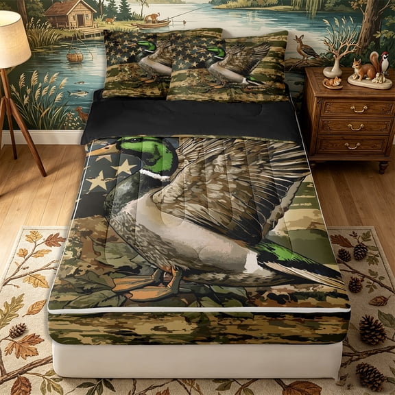 Erosebridal Camouflage USA Flag Pattern Zipper Twin Comforter Sets with Fitted Sheet and 2 Pillowcases,Mallard Duck Print Zipper Bedding Set,Green Khaki Brown,Black Reversible