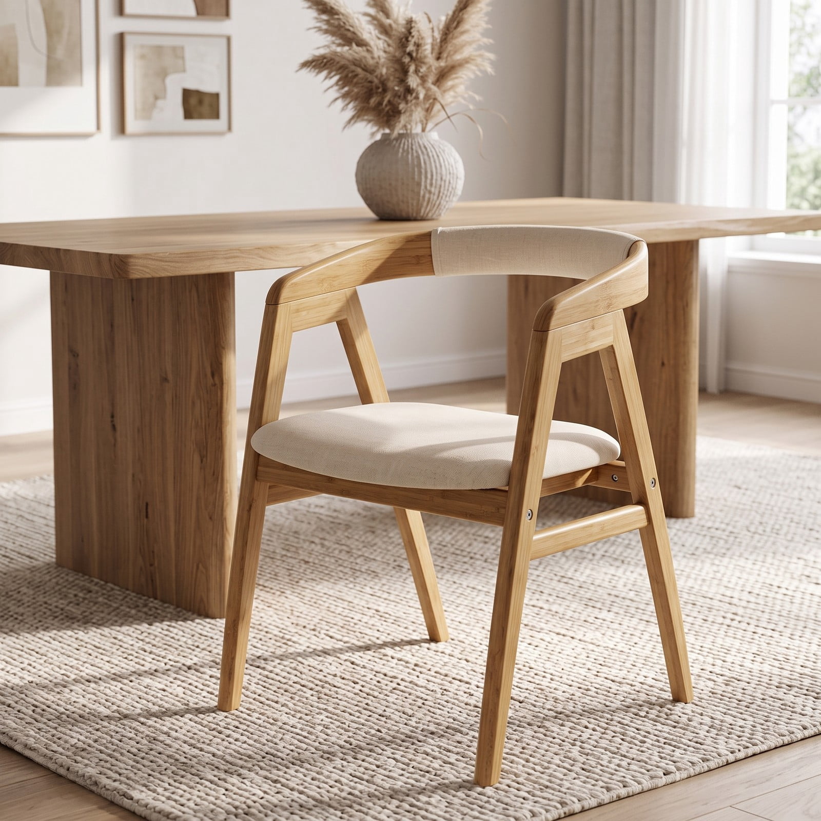 Furnibear Leisure Bamboo Dining Chair with Curved Back, Armrests and Anti-Slip Foot Pads, Cushioned Accent Side Chair for Kitchen Dining Room Living Room, Natural