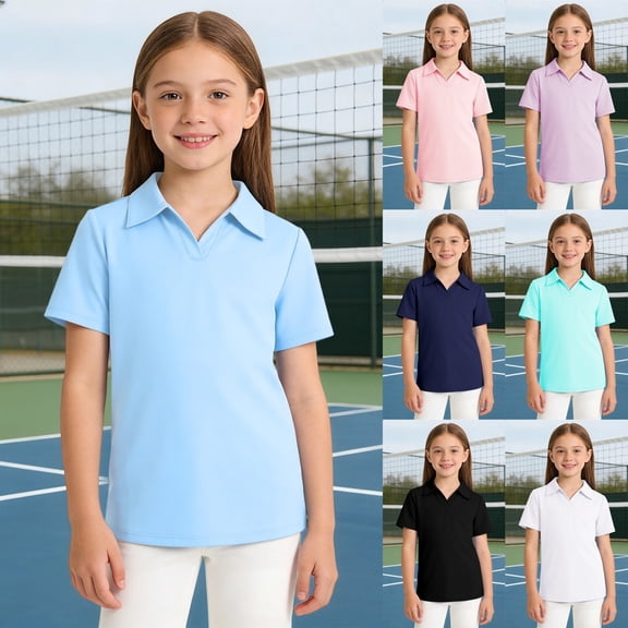 Girls Polo Shirts Golf Tennis School Uniform Short Sleeve T Shirts V-Neck Collared Quick Dry Tops