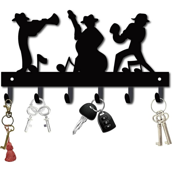 Metal Key Holder Black Key Hooks Wall Mount Hanger Decor Hanging Organizer Rock Decorative for Front Door Entryway Cabinet 10.6 x 5.9 x 1.5 inches with 6 Hooks Human Pattern Instrumentalist
