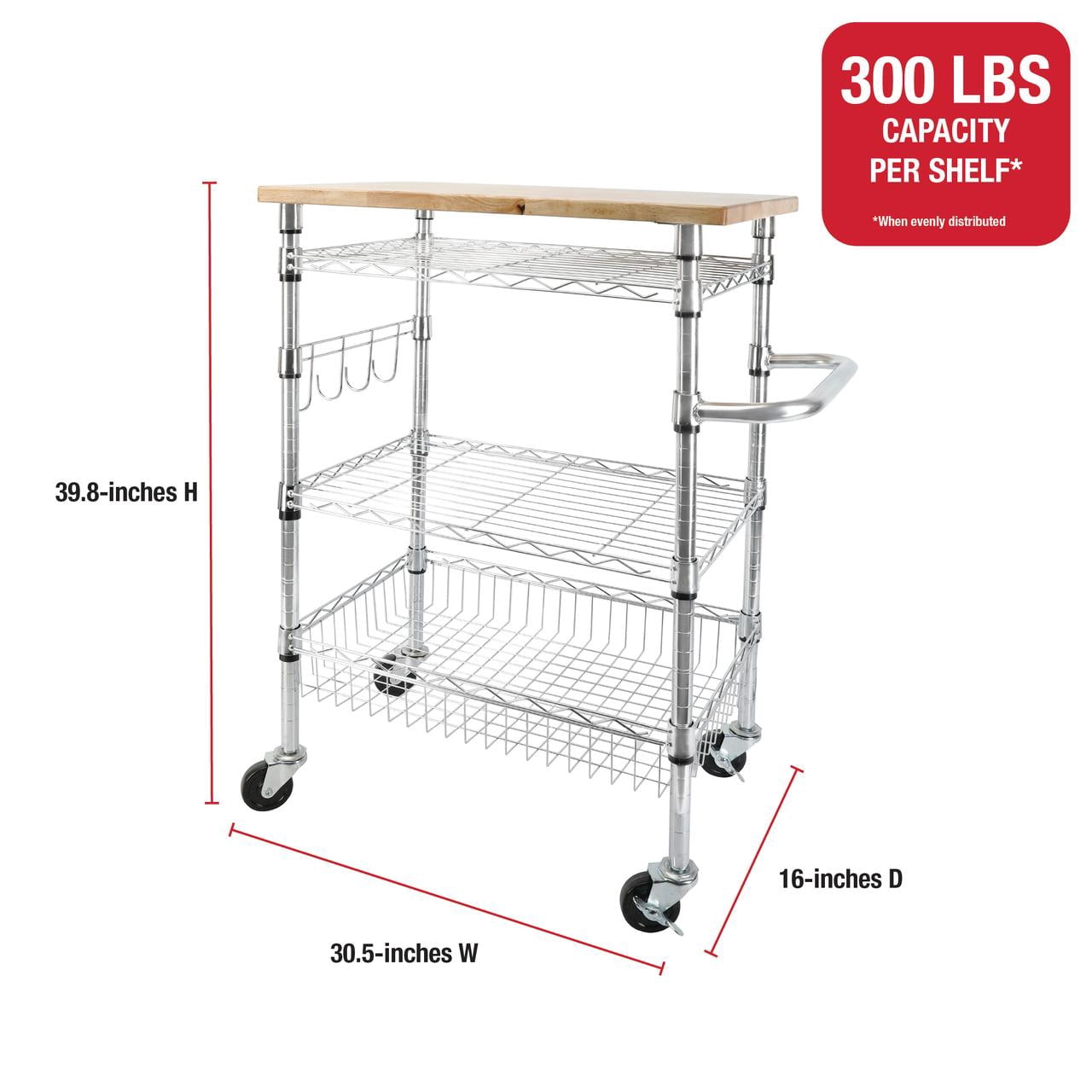 Rubbermaid 3-Tier Chrome Rolling Cart with Removable Wood Top, 300lb Capacity