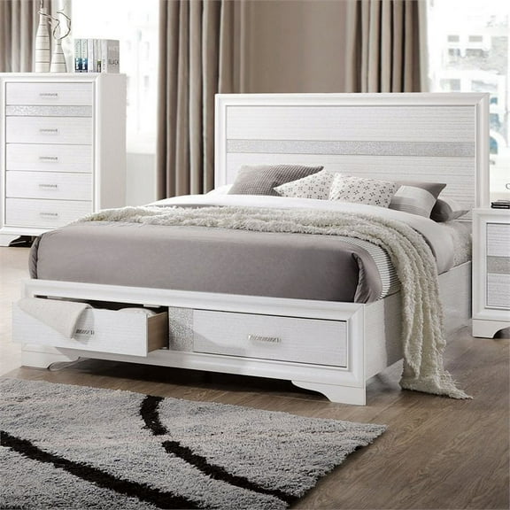 Bowery Hill King Storage Panel Bed in White and Rhinestone