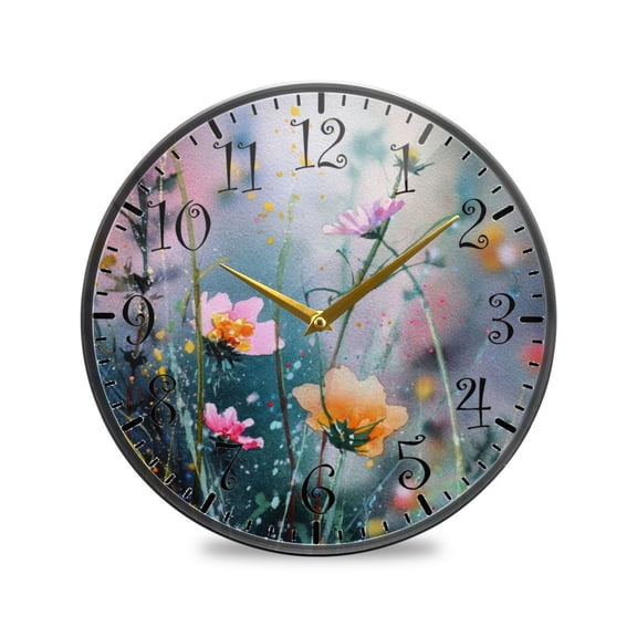 9.5in Acrylic Wall Clock with Glass-like Finish Round Clock for Home Decoration Abstract Wildflowers