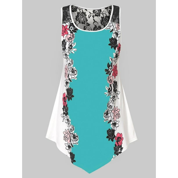 Camiseta de tirantes floral con panel de encaje de talla grande Rosegal Bikinis