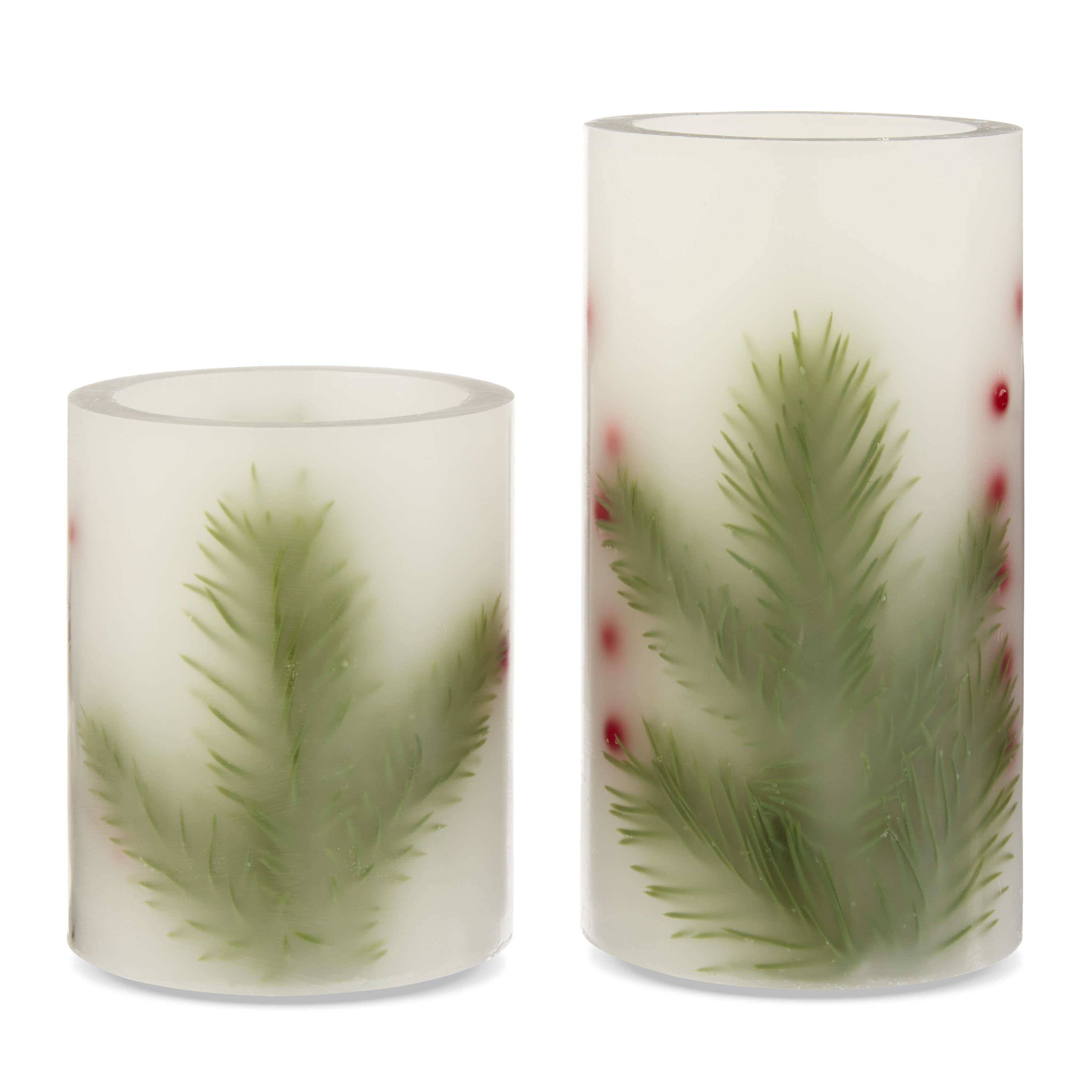 Holiday Time 3.25x4 and 3.25x6 inch Led Flameless Pillar Candles, White Unscented Wax with Red Berry&Evergreen ,Warm White Light,Set Pack - image 4 of 5