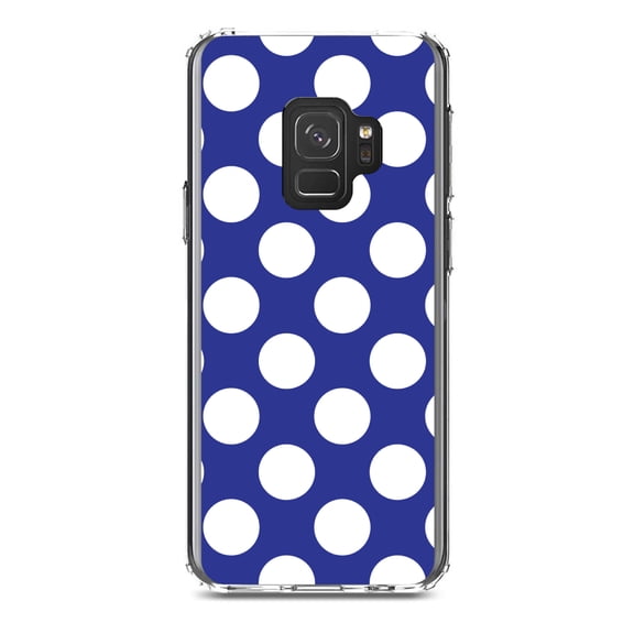DistinctInk Clear Shockproof Hybrid Case for Samsung Galaxy S9 (5.8" Screen) - TPU Bumper, Acrylic Back, Tempered Glass Screen Protector - White & Dark Blue Polka Dots