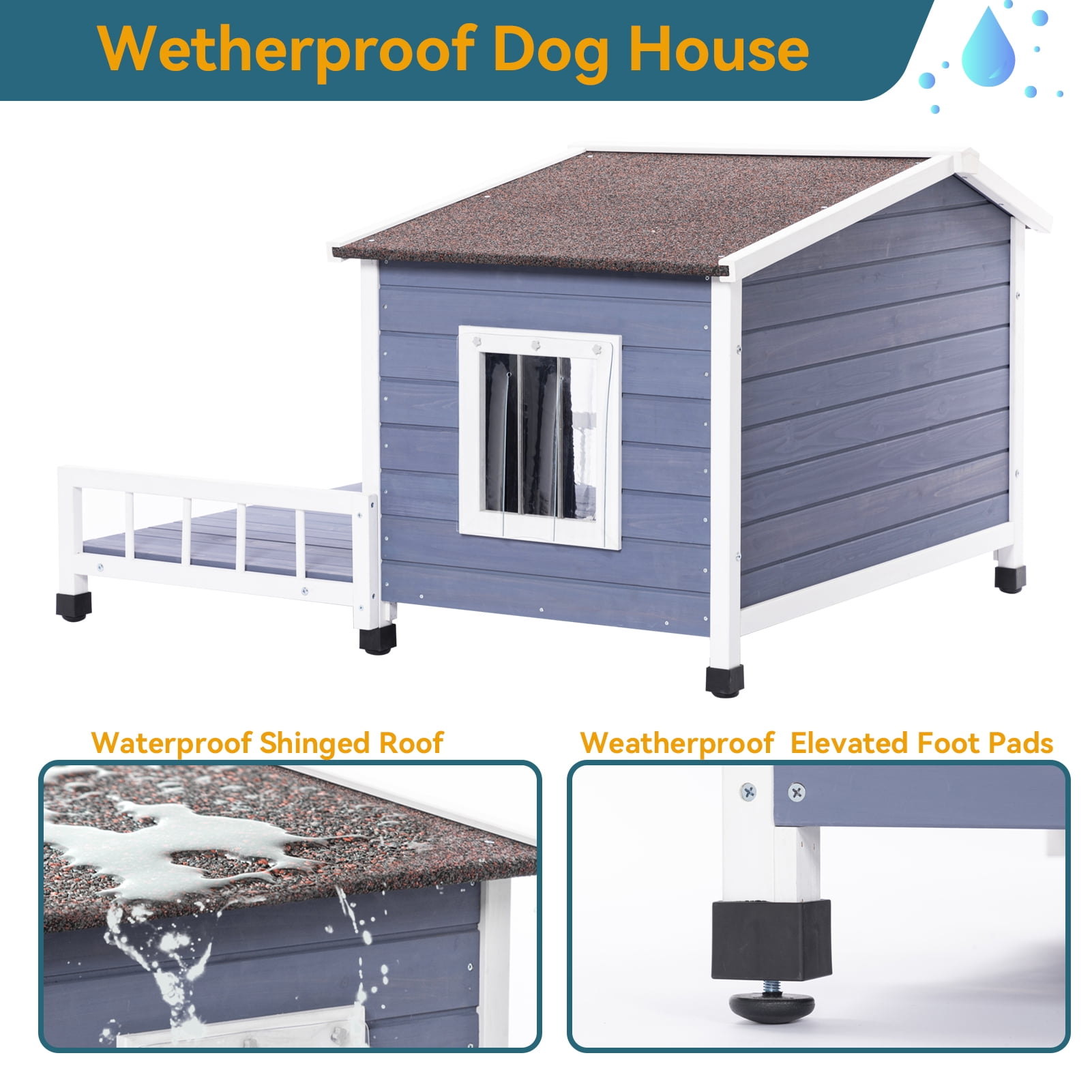 Noaman Large Wooden Dog House Indoor Outdoor with Terrace, Waterproof Asphalt Roof, Raised Floor & Windows, Grey, 45"L x 54"W x 33"H for Small & Medium Dogs