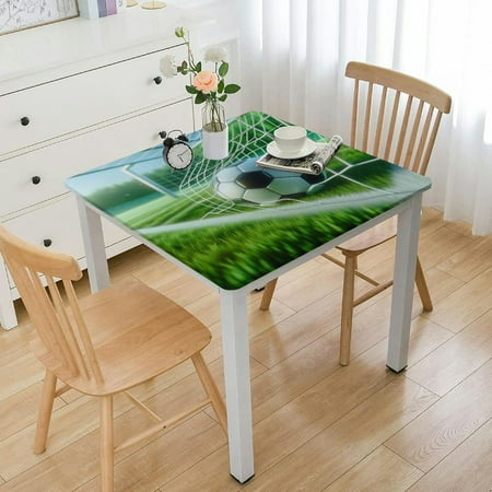 Square Fitted Tablecloth Elastic Edged, Soccer Football in Goal Net, Table Cover, for Christmas Holiday Party Dinnning