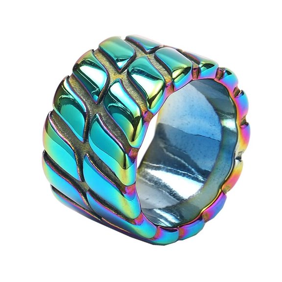 HIJONES Men's 14mm Vintage Stripes Stainless Steel Hip Hop Ring Band Finger Jewelry Rainbow Size 7