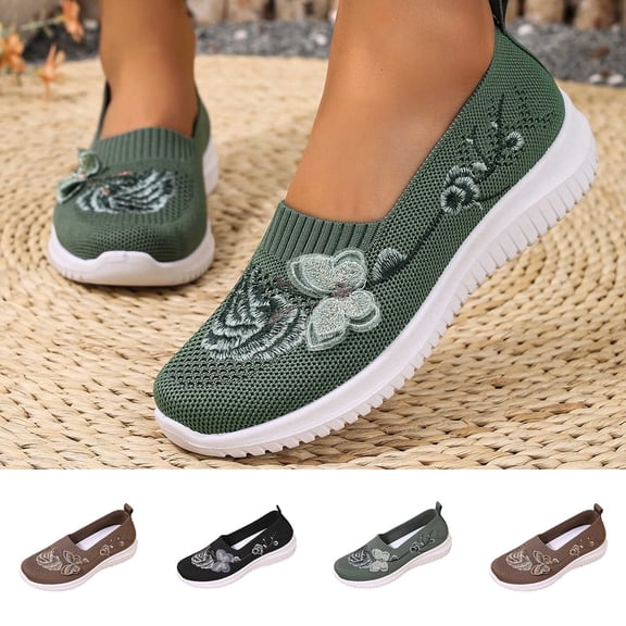 Miqool Breathable Mesh Slip On Walking Shoes for Women Comfortable Flower Embroidered Middle Heels Lightweight Casual Loafers