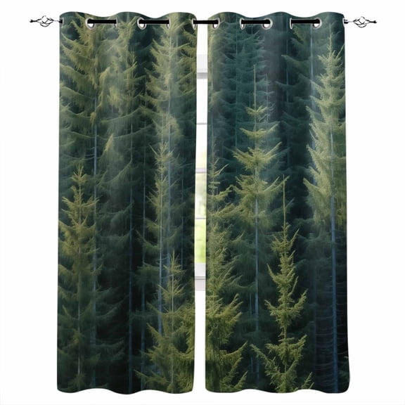 Green Forest Blackout Curtains for Bedroom/Living Room, Thermal Insulated Kitchen Curtains, Pine Tree Summer Botanical Modern Art Grommet Darkening Window Treatment Drapes 42"x63"x2