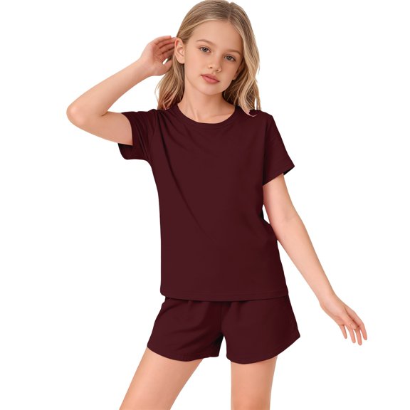 EnJoCho Girls 2 Piece Summer Outfits Girls Vacation Shirts for School Summer Camp Tween Short Sleeve Crew Neck T Shirt Elastic Waist Shorts Matching Set Pockets Athletic Sets