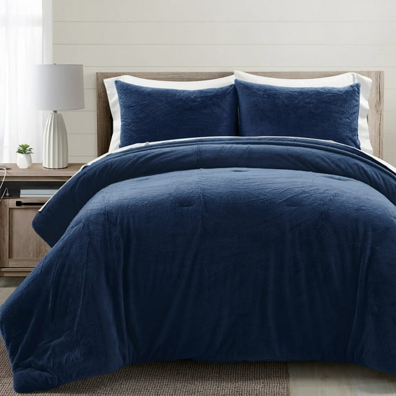 Lush Decor Modern Solid Ultra Soft Faux Fur Light Weight All Season Comforter Navy 5Pc Set Twin