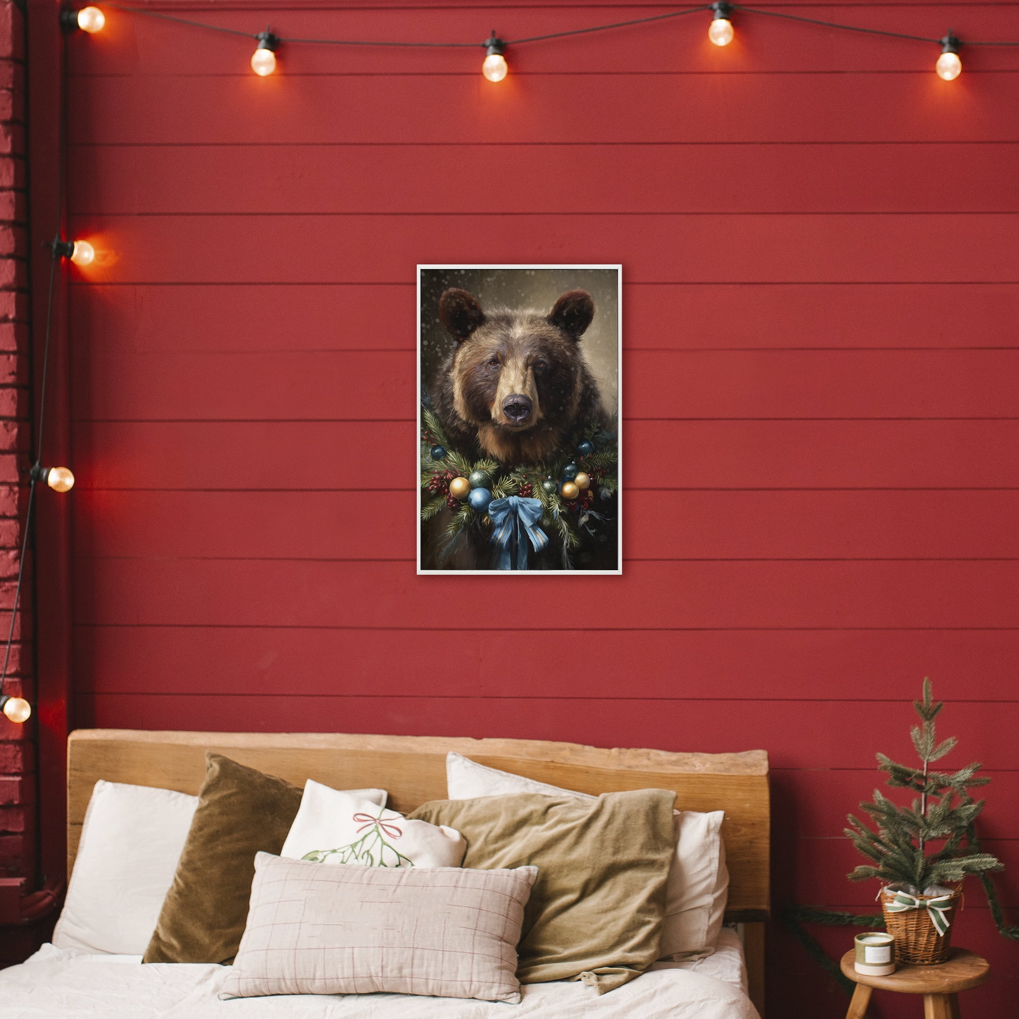 Stupell Industries Christmas Grizzly with Wreath White Framed Giclee Art, design by Tina LeCour