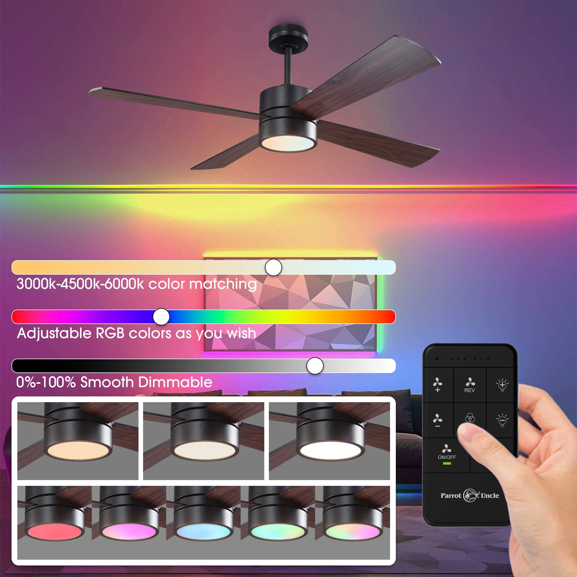Parrot Uncle Modern 52" 4-Blade RGB LED Smart Ceiling Fan with Remote and APP Control, 3-CCT Dimmable LED Ceiling Fan