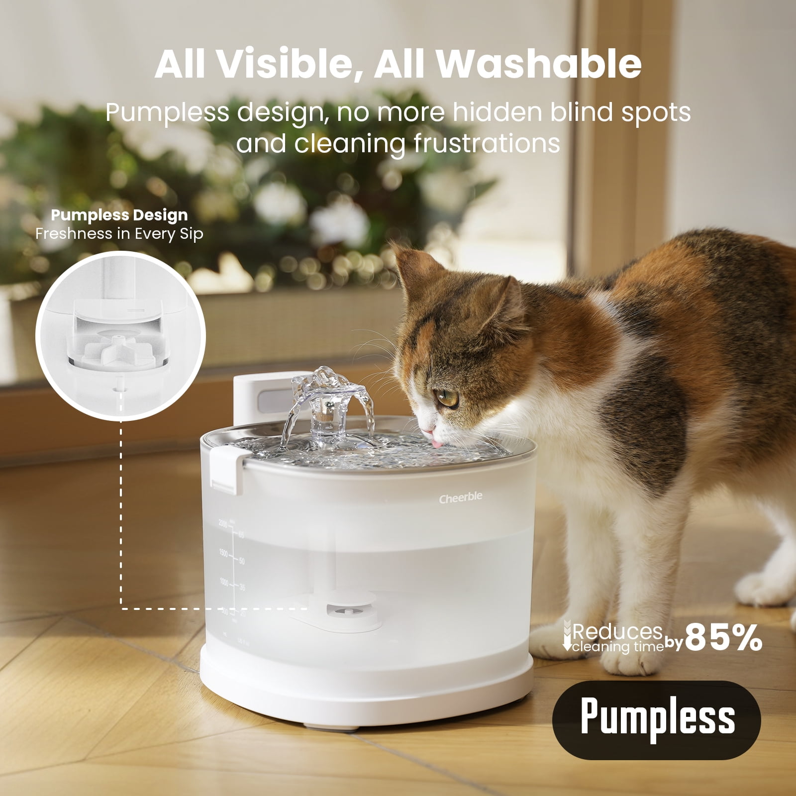 Cheerble Elfin E1+ 2 L Stainless Steel Wireless Pet Water Fountain with Multi-Layer Filter