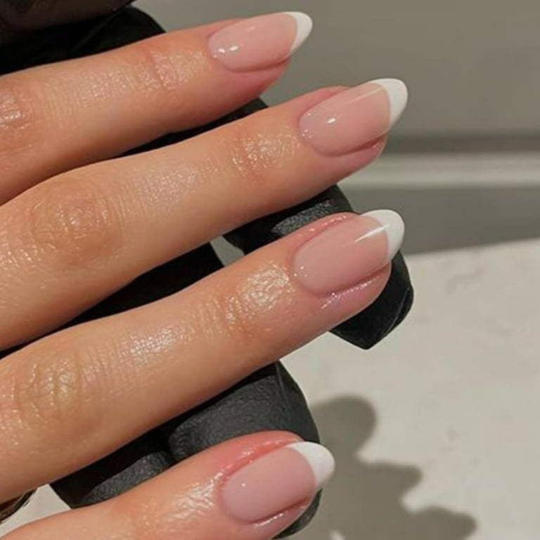 modelones French Tip Press On Nails, Short Oval Fake Nails Press Ons with Nail Glue, Adhesive Tabs, Nail File, Prep Pad, Manicure Stick, 32Pcs 16 Sizes, Nude