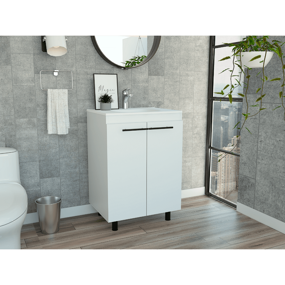 Khari 24" Modern White Freestanding Bathroom Vanity with Resin Sink - Two Shelves, Double Door Floor Cabinet for Small & Medium Bathrooms, Particle Board, 23.8" W x 18.1" D x 34.1" H, Colombia Made