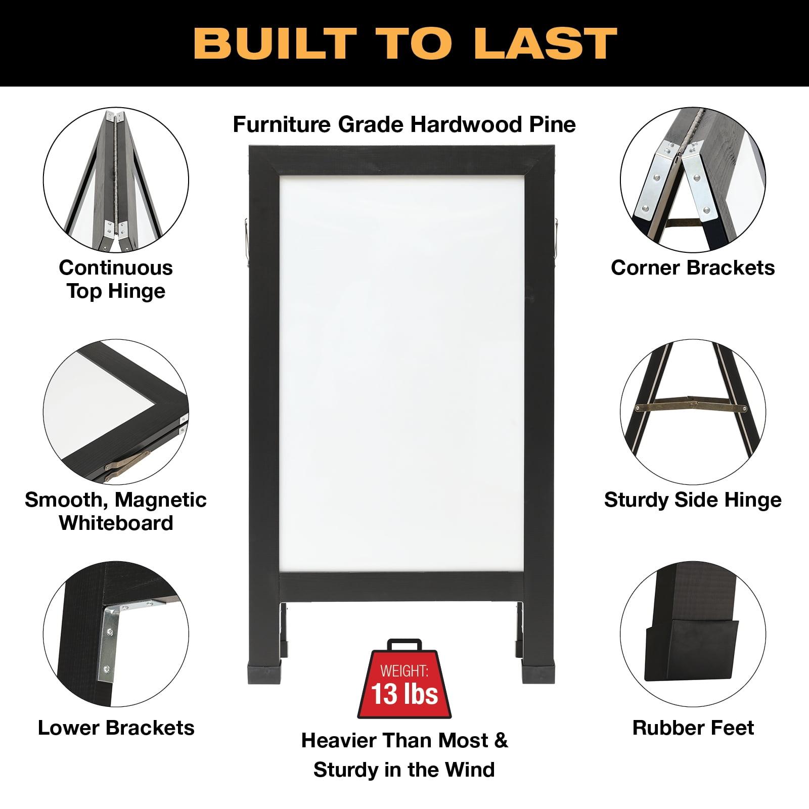 Excello Global Products Indestructible A-Frame Whiteboard, Dry-Erase Board, Presentation Board for Meetings, and Collaborative Sessions, Black, 40" x 22"