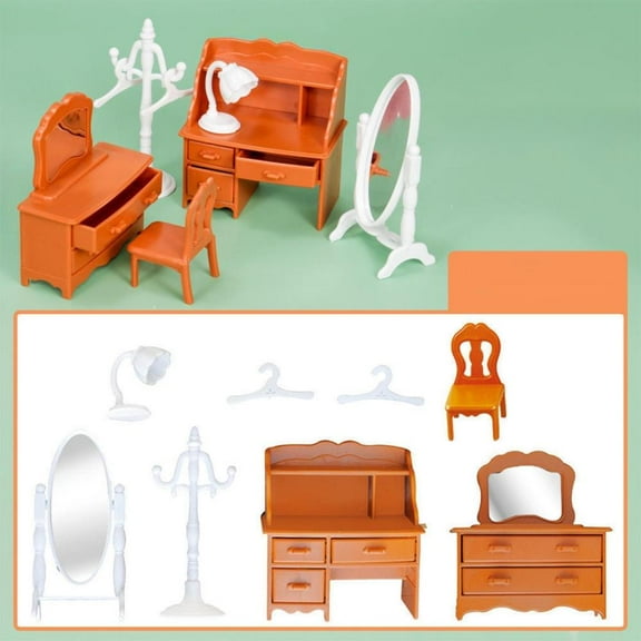 Outoloxit 1:12 Scale Mini Dollhouse Bedroom Furniture Set with Dressing Table, Desk, Chair, Lamp, Mirror and Hangers for Kids Pretend Play