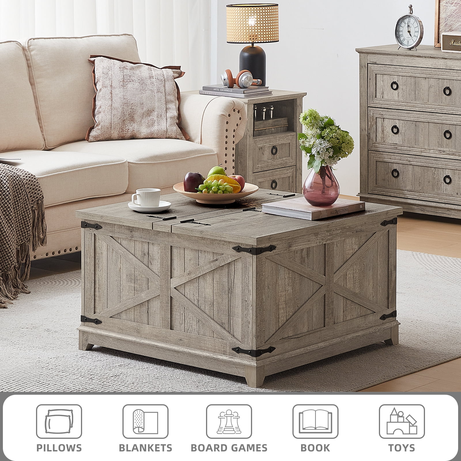 31.5" Large Farmhouse Lift Top Coffee Table, Square Living Room Table with Large Hidden Storage, Multi-Function Lift Wooden Barn Door Center Table, Grey Oak