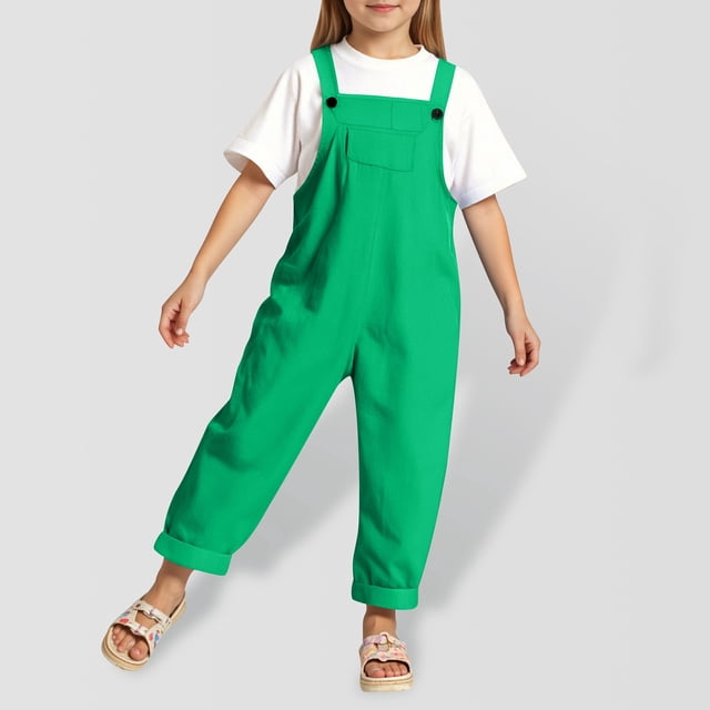 WENXIAOO Combinaison Sans Manches pour Petites Filles, Barboteuse de Rentrée, Combinaison Verte avec Poches, Barboteuse de Printemps Été, Barboteuse pour Filles, Taille 4-5 Ans
