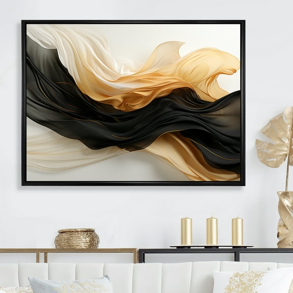 Designart "Fusion Of Gold And Black Gentle Waves IV" Abstract Shapes Floater Framed Wall Art Prints