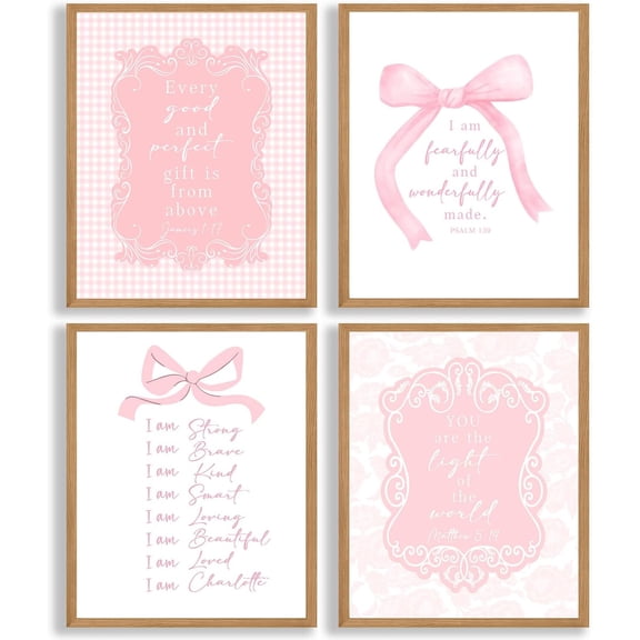 4Pcs Coquette Pink Bow Wall Art Decor Posters, Pink Bow Wall Posters with Bible Verses, Religious Poster Present,spirational Bible Verses Bow Wall Decor, Christian Gifts for