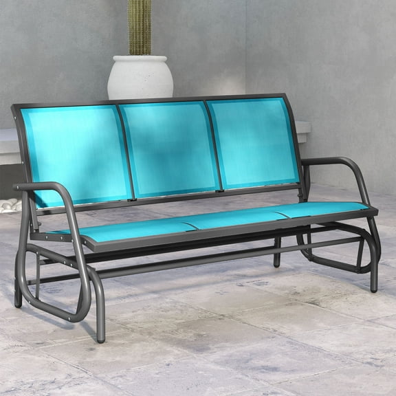 Outsunny Patio Glider Bench, Outdoor Porch Glider Swing with 3 Seats, Breathable Mesh Fabric, Metal Frame, Blue