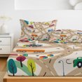 thumbnail image 6 of Queen Size Fitted Sheet Set - Cars Buses 3 Piece Bedding Sets 16" Deep Pocket Fitted Sheet with 2 Pillowcases, Cartoon Brown City Street Map Traffic Educational Brushed Microfiber Hotel Bed Sheets, 6 of 9