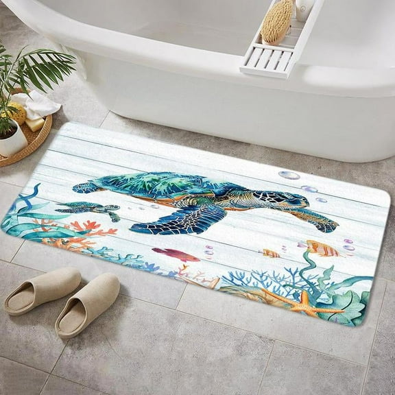 Sea Turtle Beach Bathroom Rug Nautical Bath Mats Door Coastal Carpet Floor Starfish Mat Non Slip Absorbent Rugs Decor for Kitchen Bedroom Living Room Outdoor