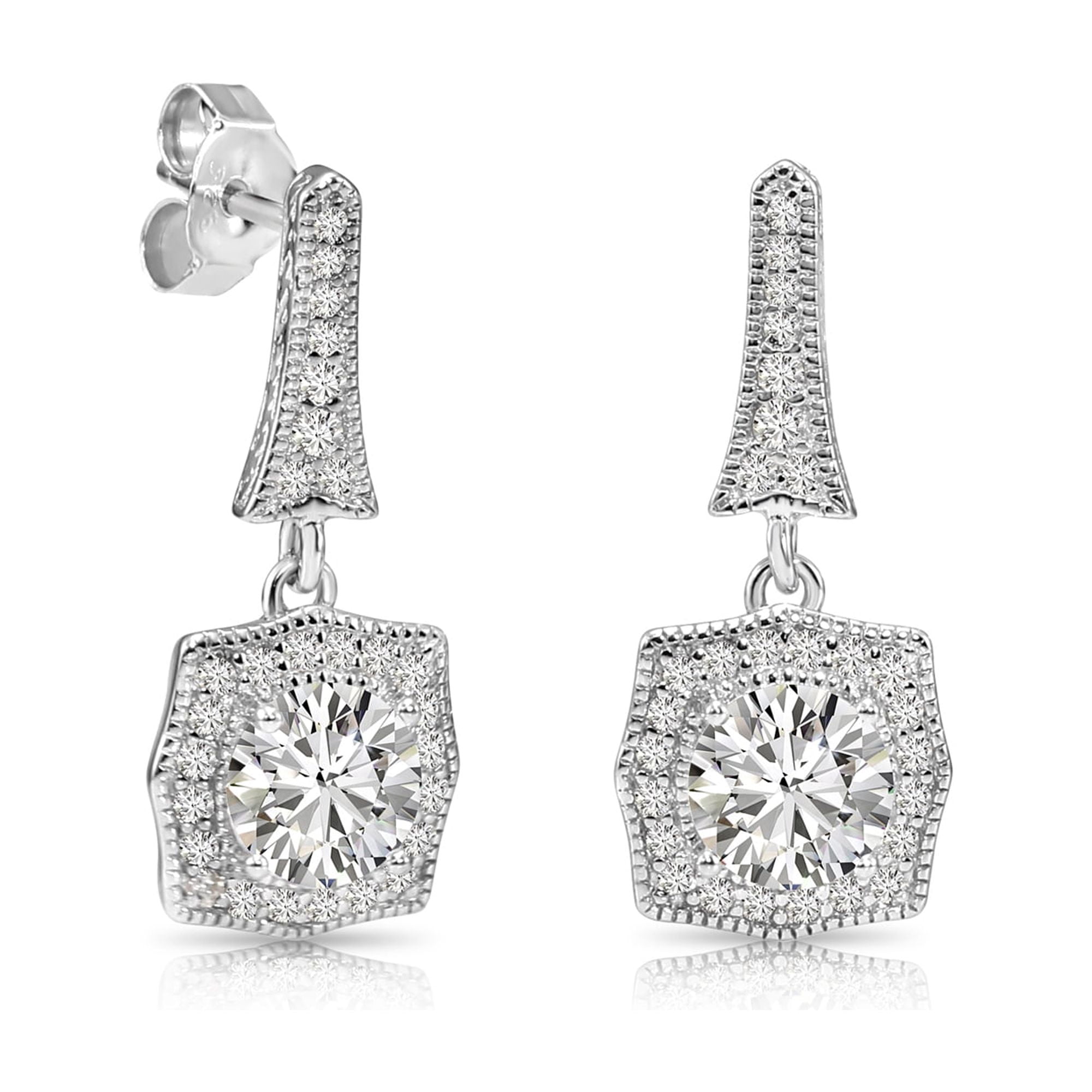 Tilo Jewelry 925 Sterling Silver Cushion Halo Dangle Drop Earrings with Cubic Zirconia CZ Stones | Secure Push-Backs | Bridal Wedding Earrings for Women