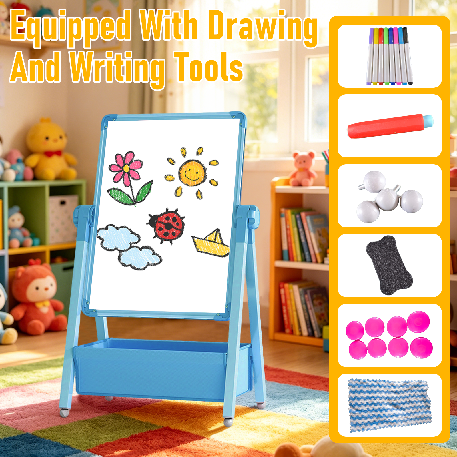 Art Easel for Kids, Double Sided Magnetic Kids Easel, Adjustable 360°Rotating Whiteboard & Chalkboard for Boys and Girls, Blue