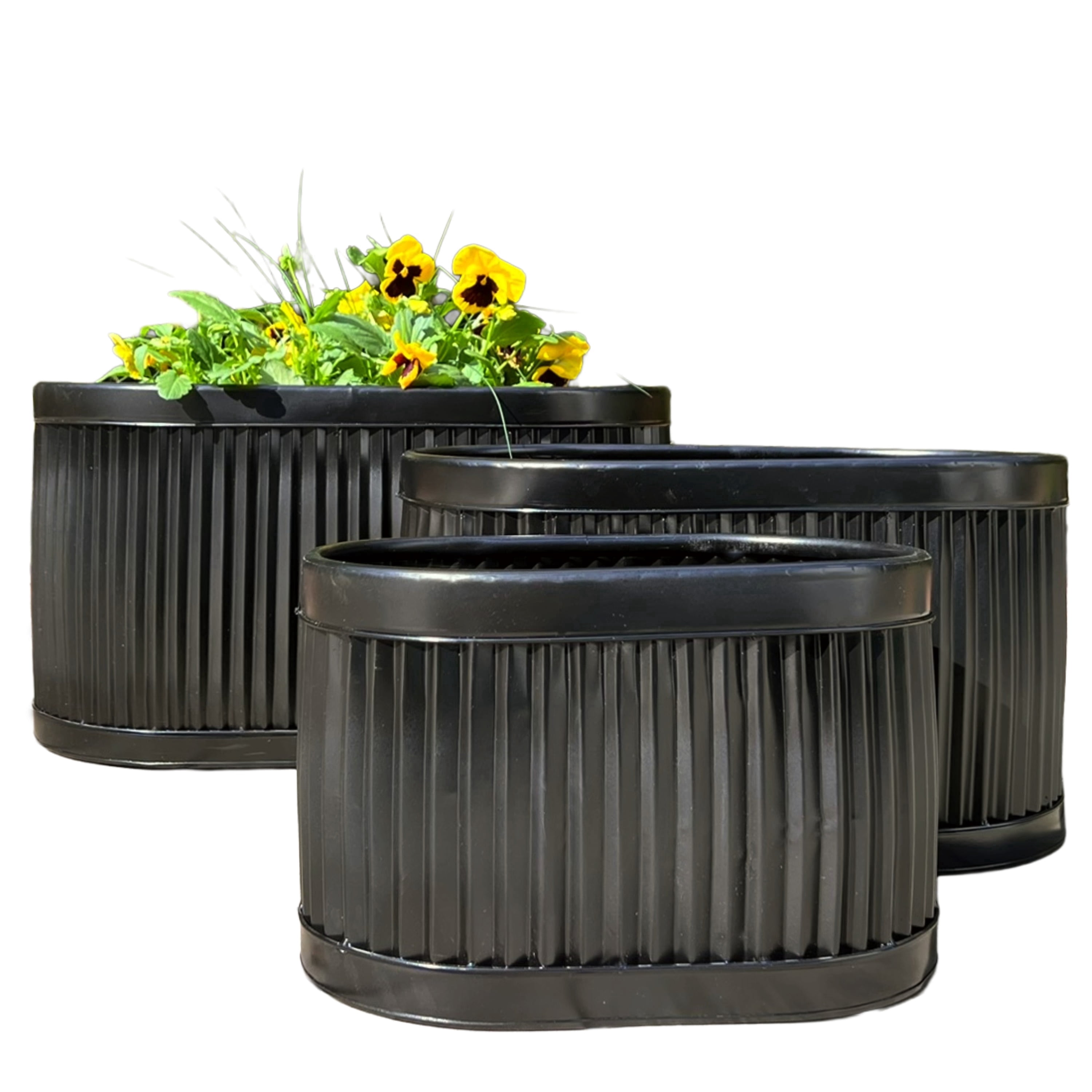 WHW Whole House Worlds French Country Style Oval Planters, Set of 3, Glossy Black, Galvanized Metal, Chubby Ripple Belly, Corrugated Cache Pots, Rustic, Over 2 ft., 24.5, 20 and 14.5 Inches