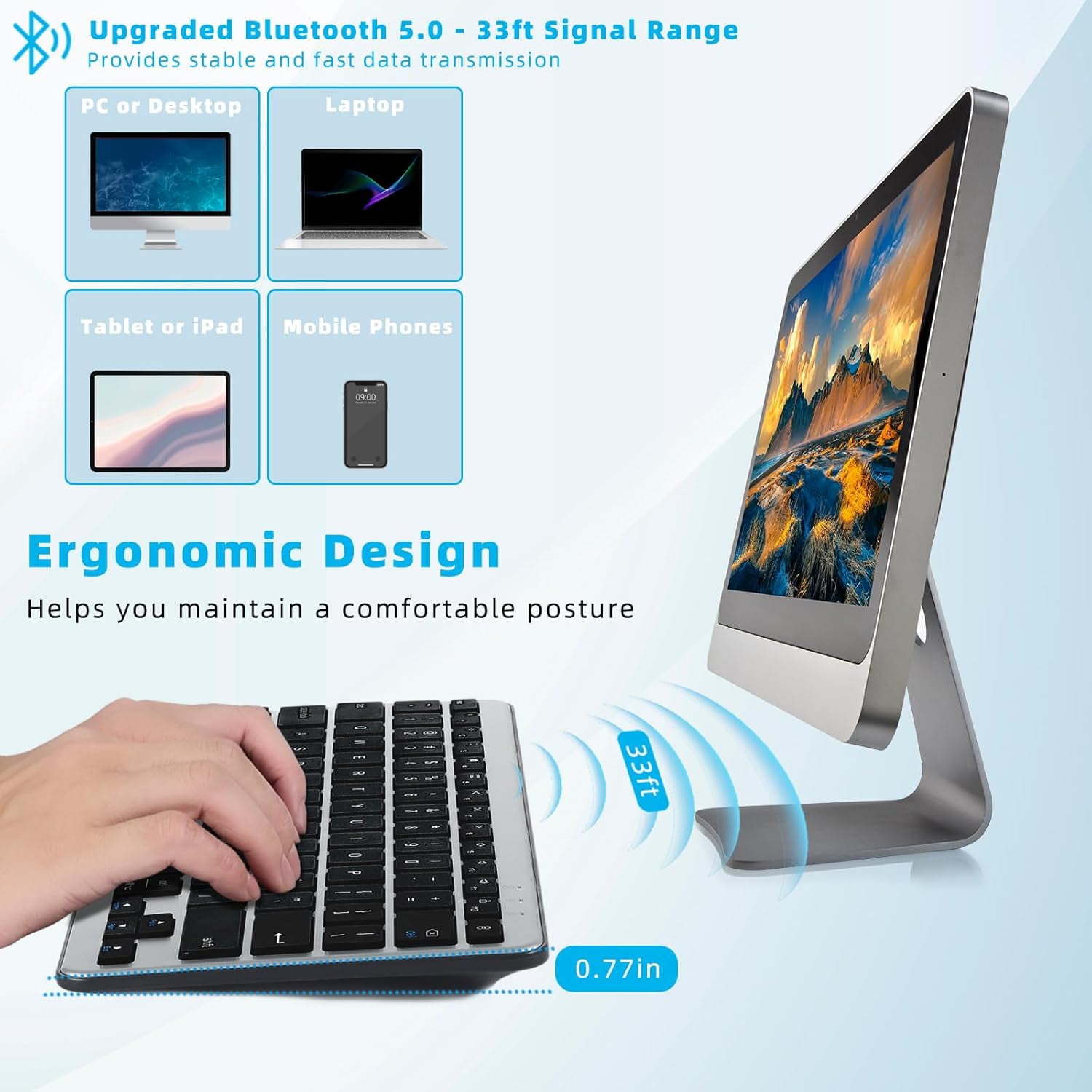 XIHAMA Bluetooth Keyboard, Ultra-Slim Wireless Keyboard for iPad, Rechargeable Ergonomic Computer Keyboard for iOS, Android, Windows PC Tablets Phone