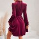 thumbnail image 5 of Vestido de manga con volantes para mujer color sólido cuello alto talle traje básico de vacaciones, 5 of 9