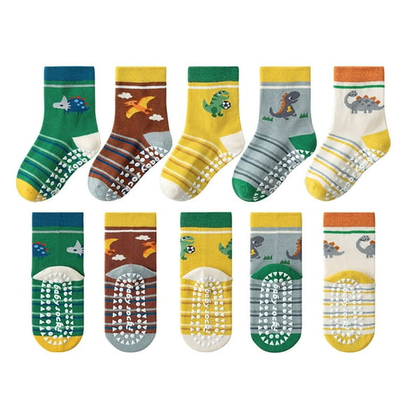 QBABYOO Toddler Boys Girls Non Slip Socks 5 Pairs Anti Skid Sticky Baby Socks Cotton Socks for 0-12 Years Little Kids Infants