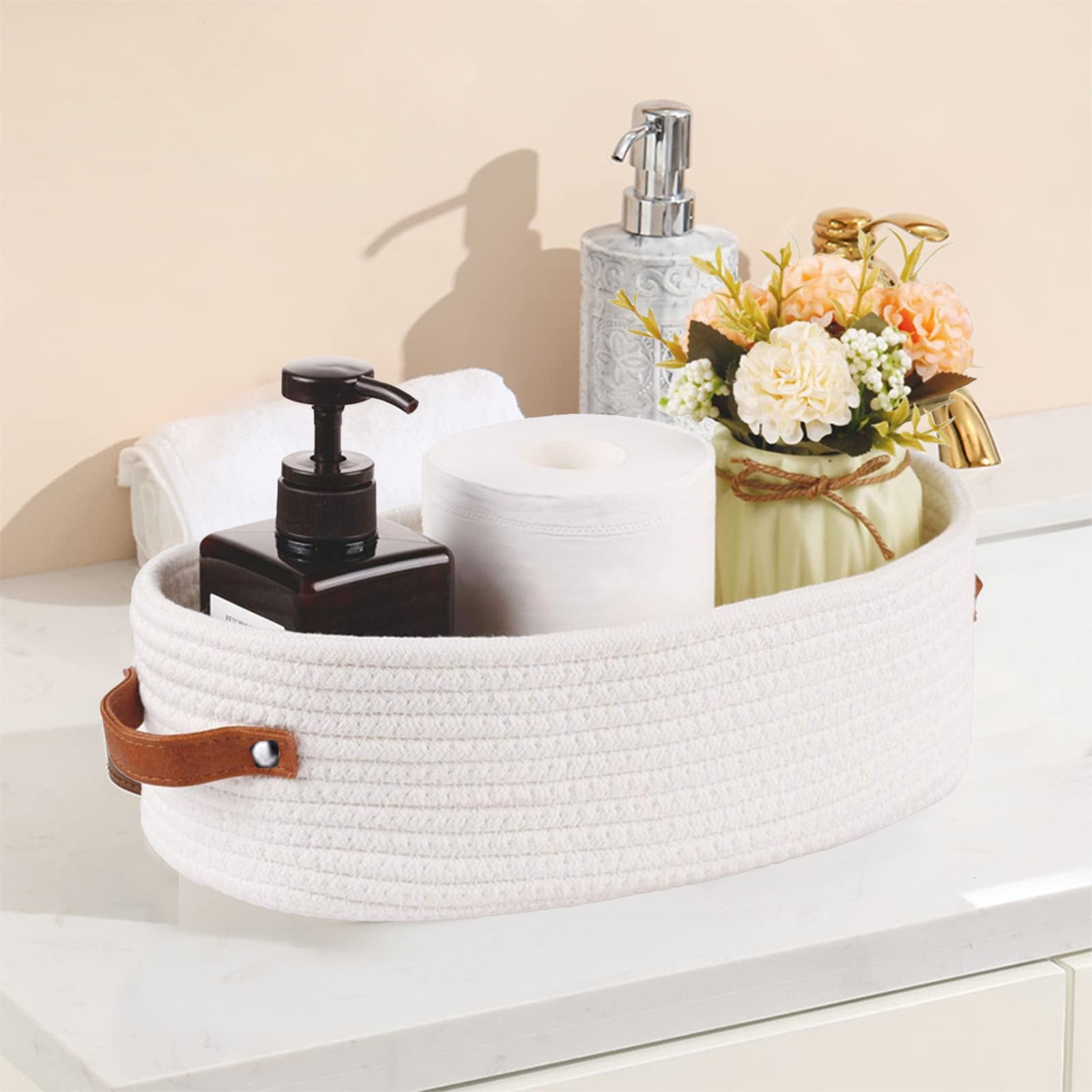 VQPeo Woven Cotton Storage Basket, Multipurpose Bathroom Organizer for Toilet Tank Top & Counters(White)